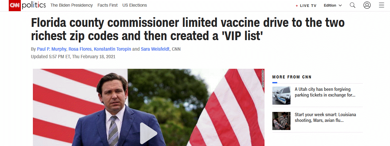 Florida county commissioner limited vaccine drive to the two richest zip codes and then created a VIP list